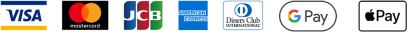 VISA、Mastercard、JCB、American Express、Diners Club、Google Pay、Apple Pay